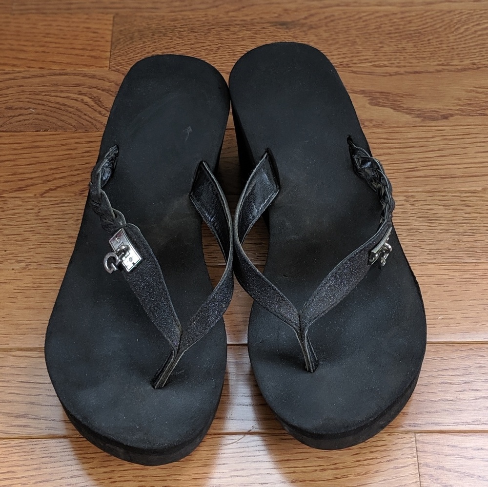 Used Guess Glitter Logo Charm Slip On Wedges 9
